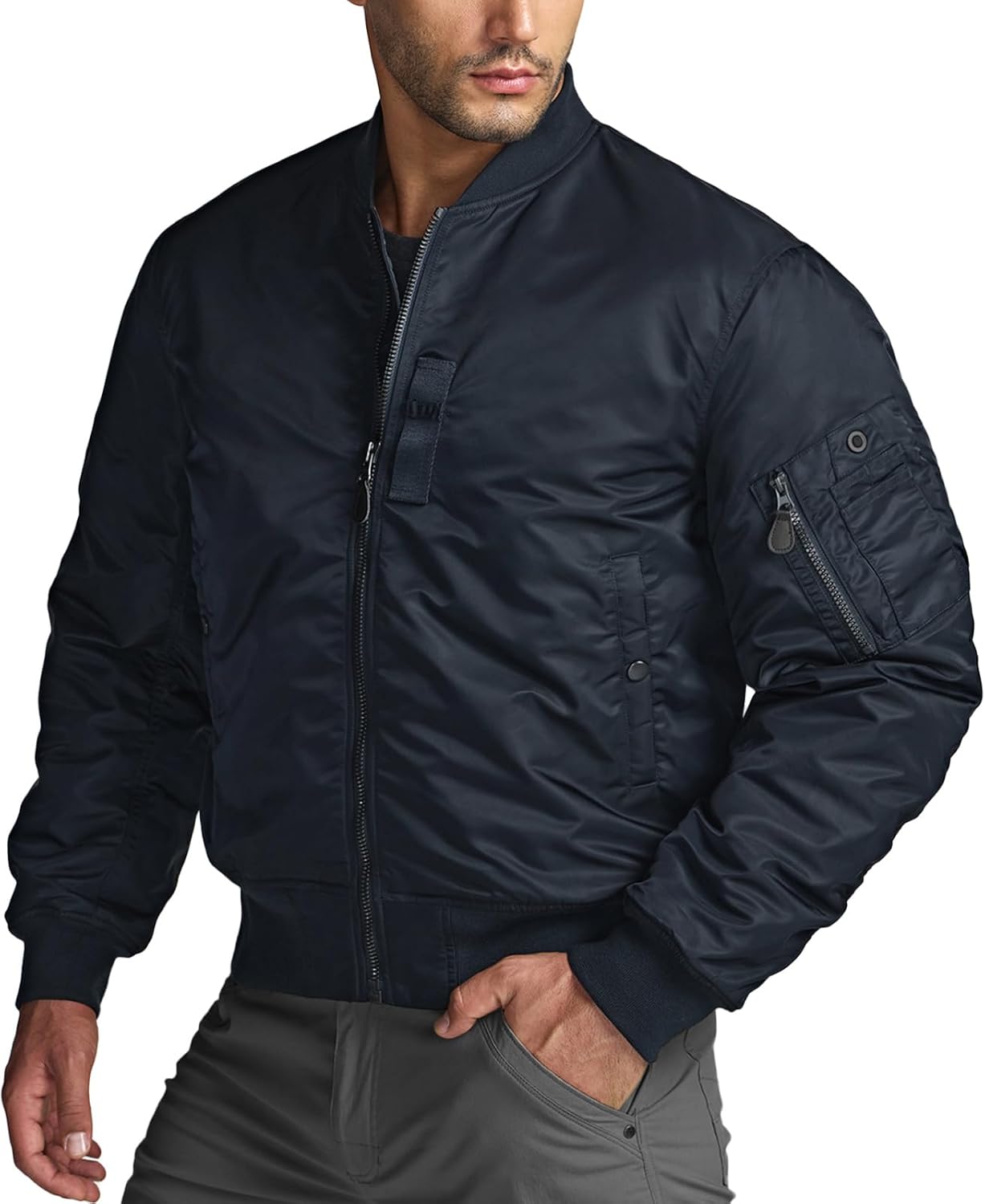 men Casual Bomber Jacket, Outdoor Fall/Winter Zip-Up Windbreaker, Water Resistant Padded MA-1 Flight Jacket with Pocket