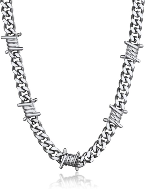 Barbed Wire Cuban Necklace for Women Men Stainless Steel/Black Gothic Thorns Skull Choker Necklace Bracelet Punk Jewelry -Gift Packed