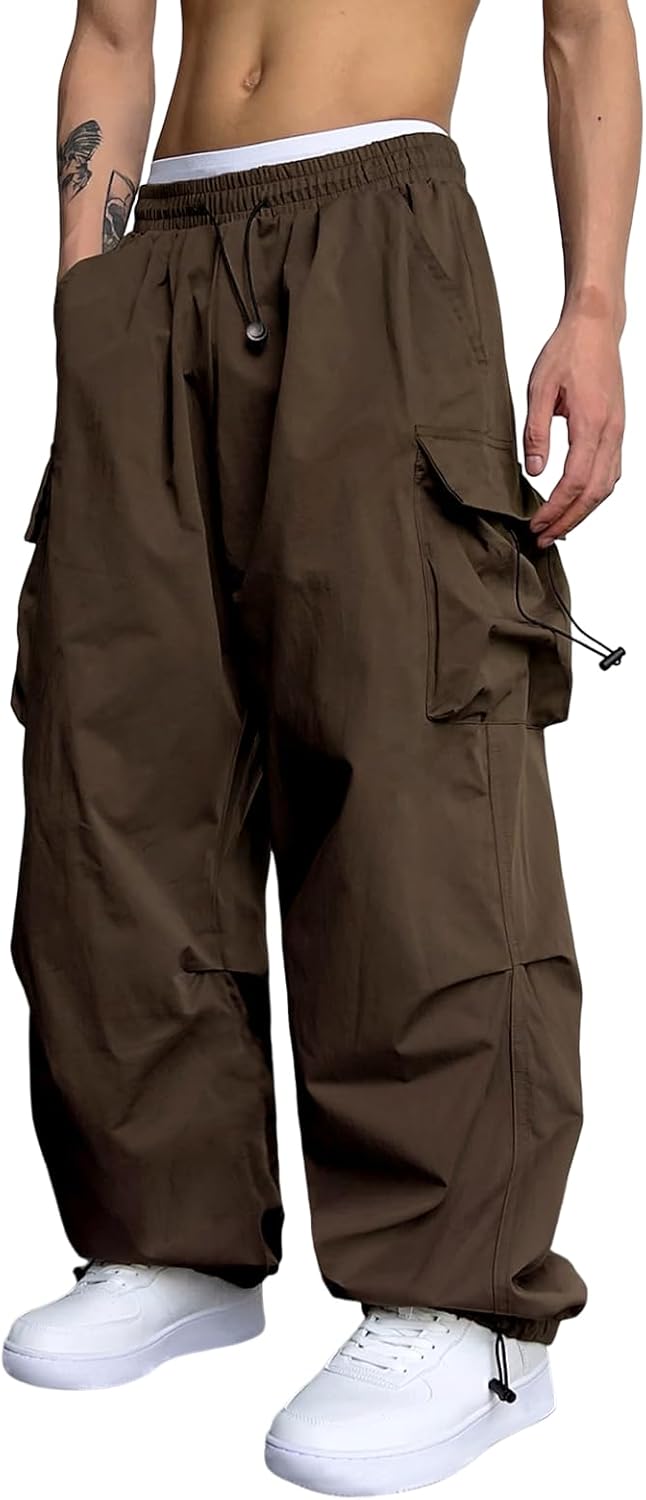 Flat Pocket Parachute Pants for Men Casual Baggy Cargo Pants Unisex Street Y2K Pants Drawstring Trouser
