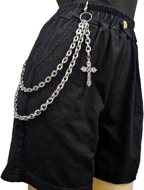 Punk Layered Pants Chain for Men Women, Silver Heart Cross Rivet Tassel Wallet Chains, Hip Hop Pocket Chains, Goth Jewelry Key Chain Wallet for Men - Image 2