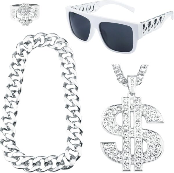 4 Pack 80s 90s Hip Hop Costumes Outfit, Fake Gold Chain Money Chain, Twist Leg Punk Sunglasses, Dollar Sign Finger Ring for Men Women Rapper Accessories