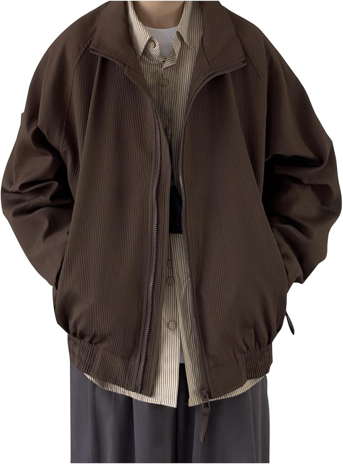 men Oversized Corduroy Jacket Casual Lightweight Full Zip Vintage Jacket Lapel Long Sleeve Bomber Jacket with Pockets